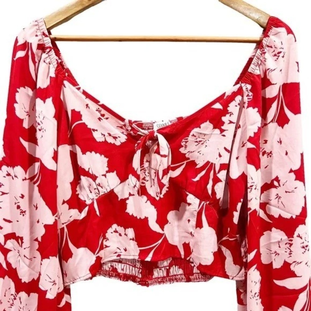 Sienna Sky‎ Red Floral Crop Top Long Sleeve Smocked Tie Front Blouse - Picture 3 of 5